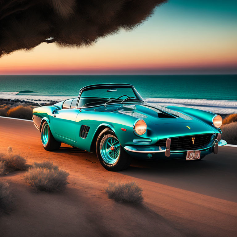 Vintage turquoise Ferrari on coastal road at sunset