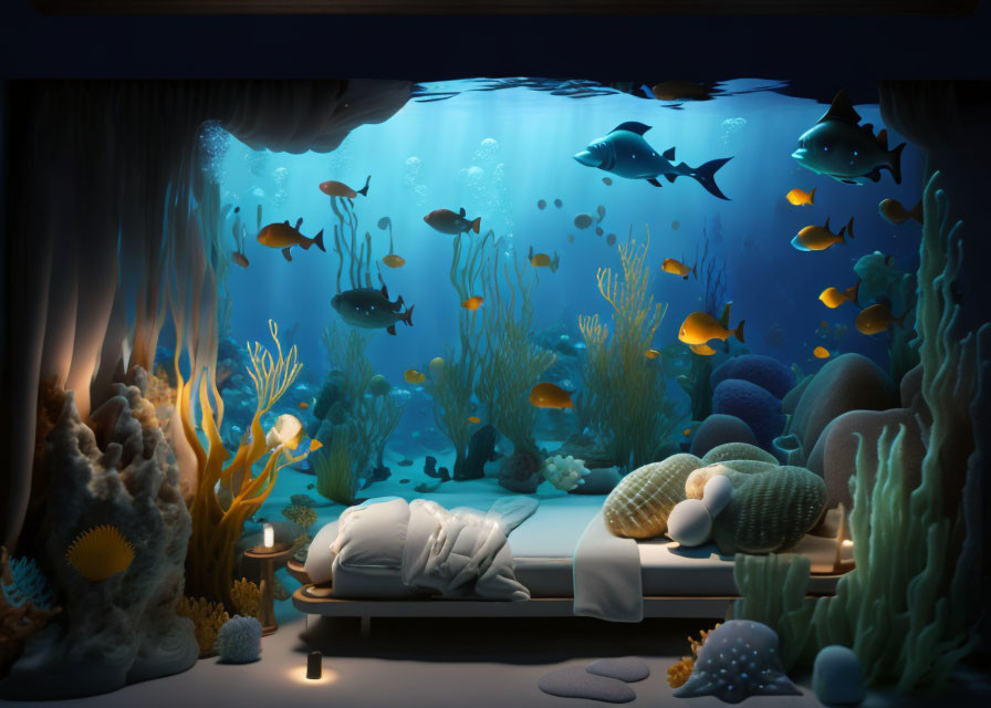 Underwater-themed bedroom with coral, fish, and sea life décor