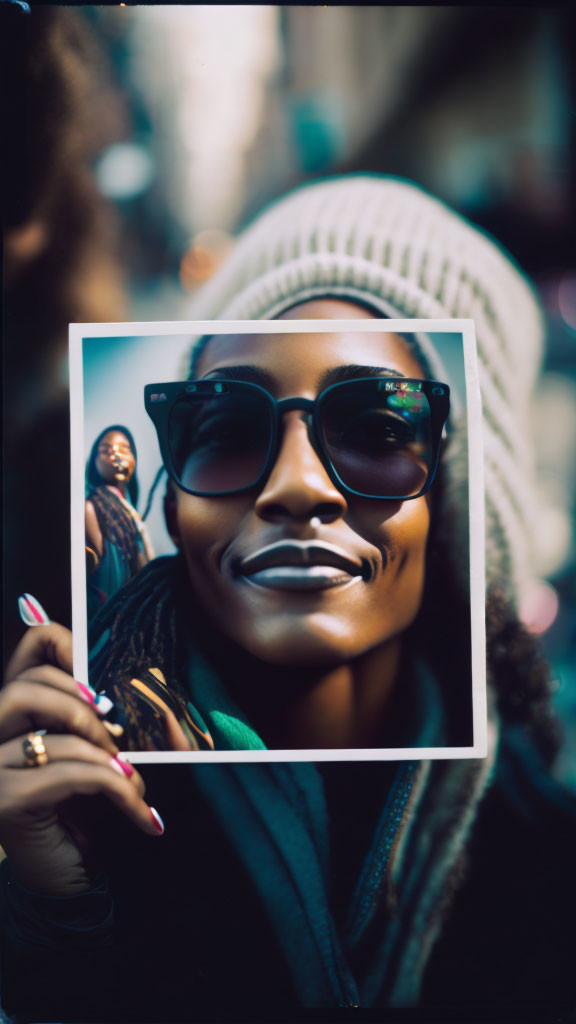 Smiling woman with sunglasses and beanie holding framed photo