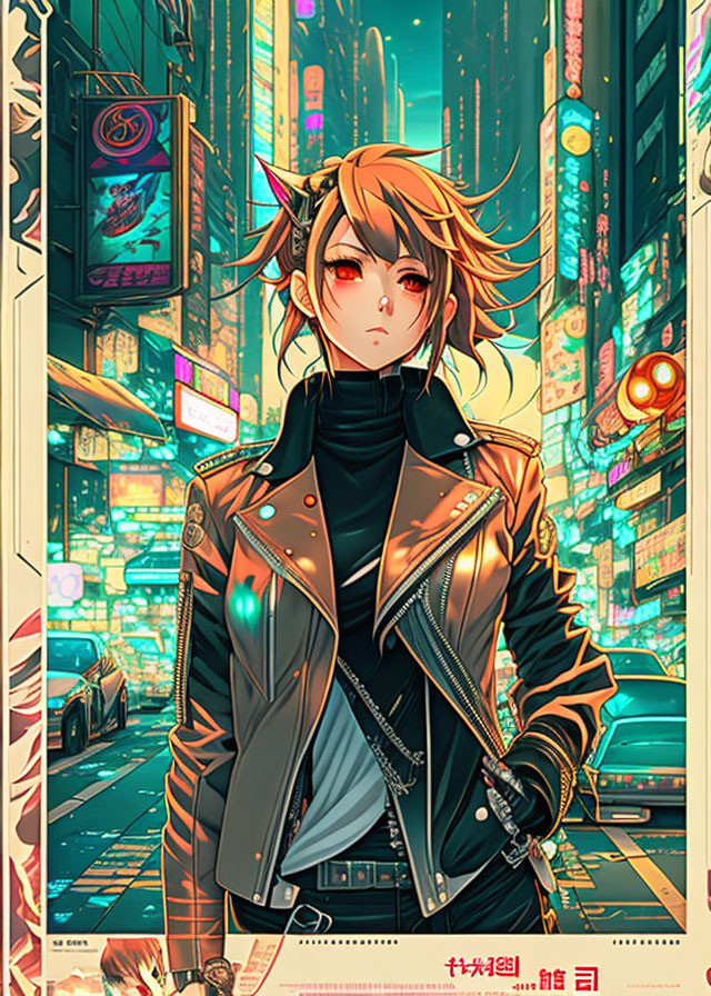 Short blond hair, red eyes: stylized character in neon-lit cityscape.