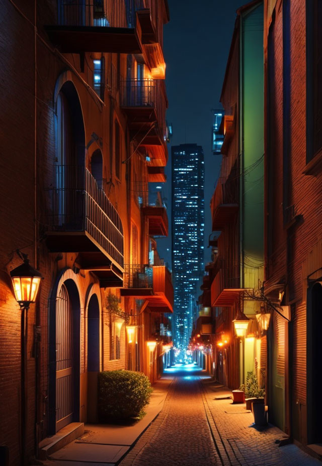 Brick alley with balconies and street lamps at night, overlooking lit skyscraper