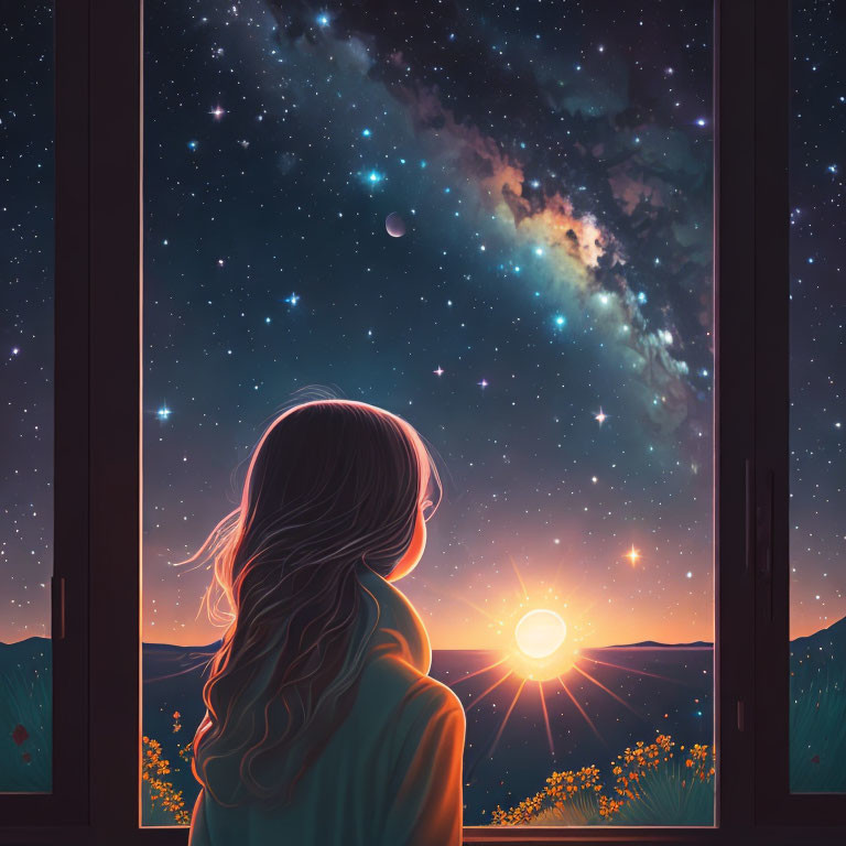 Long-Haired Person Looking at Starry Sky and Rising Sun Through Window