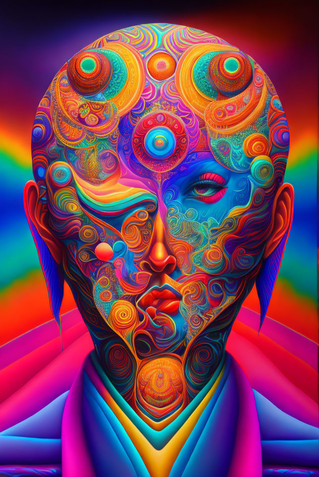 Colorful Psychedelic Portrait with Swirling Patterns and Third Eye