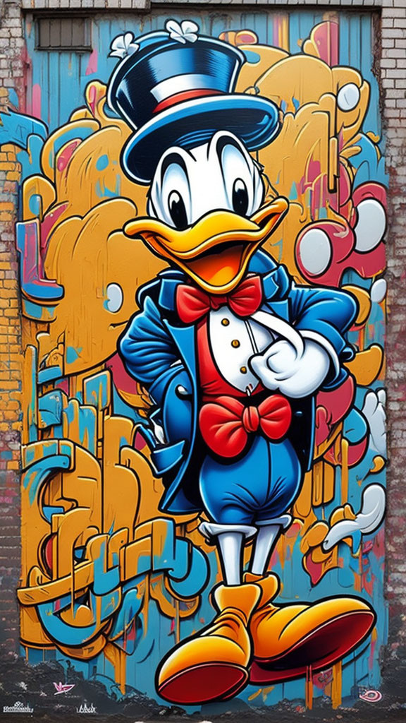 Colorful cartoon duck character in blue suit and top hat against graffiti backdrop