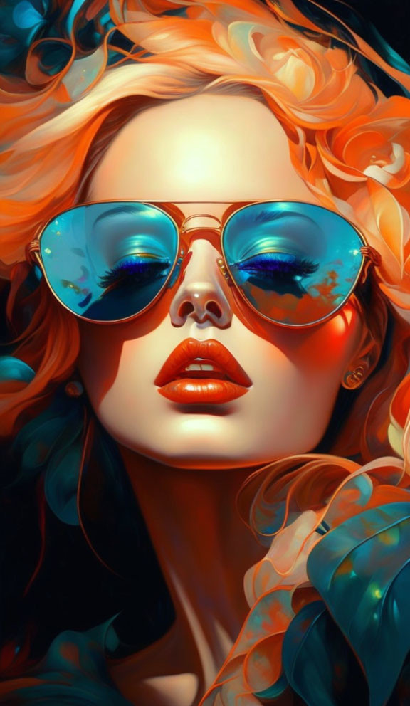 Vibrant digital artwork: Woman with orange hair and blue sunglasses