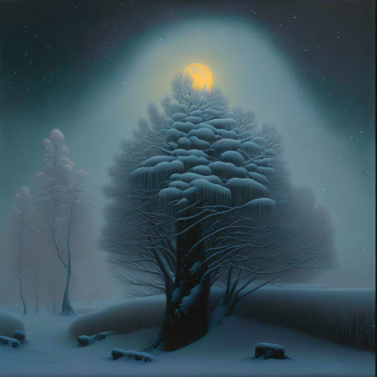 Snowy Night Landscape with Full Moon and Trees