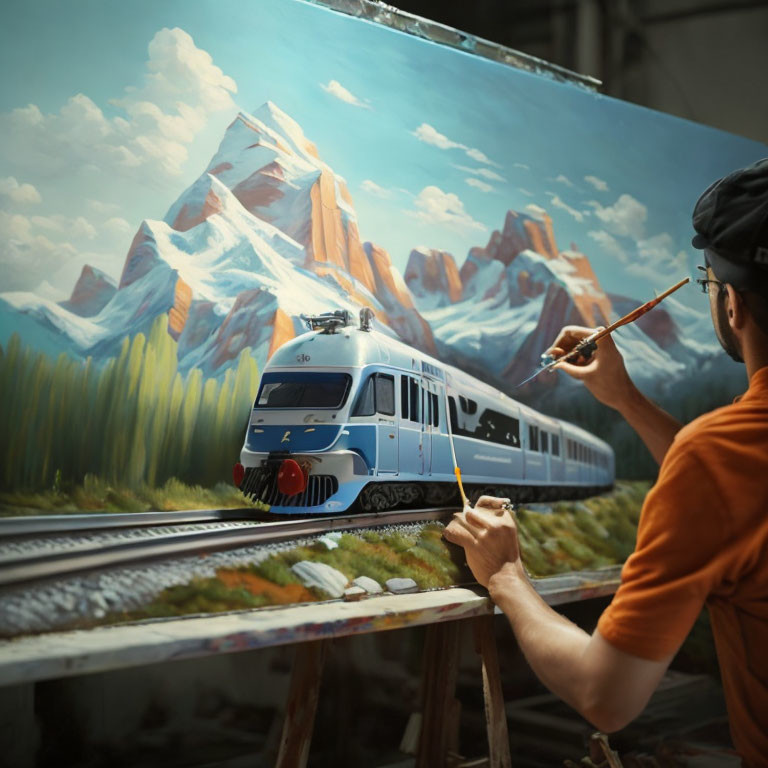 Detailed landscape painting of blue train in mountainous region