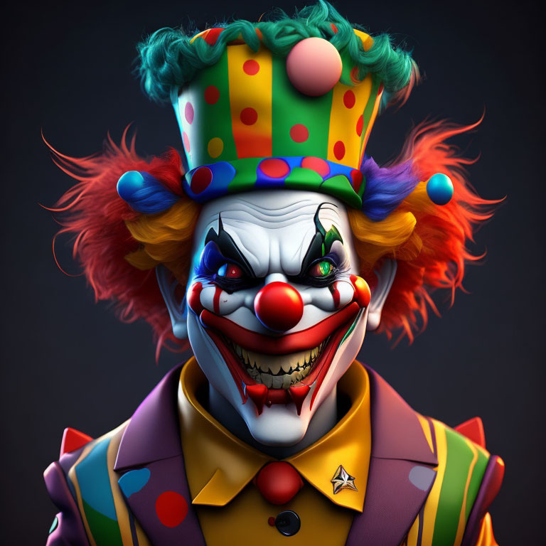 Vividly painted menacing clown with sharp teeth and colorful attire