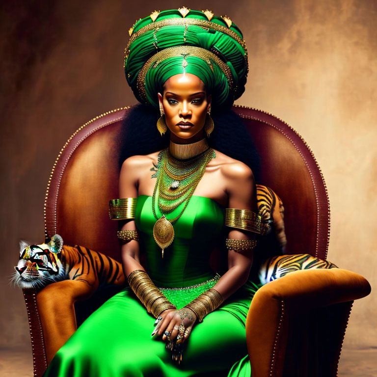 Regal woman in green dress with tiger on throne exudes power