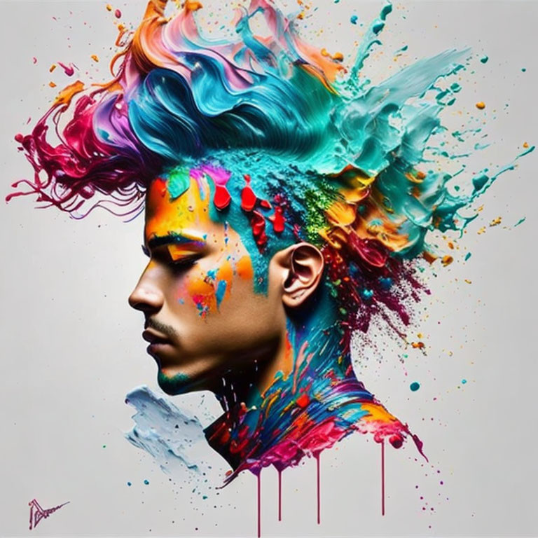 Colorful paint splatters flowing from person's hair symbolizing creativity