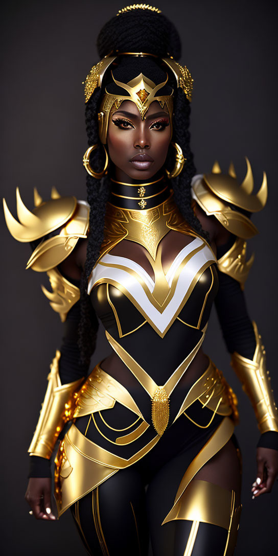 Regal woman in black and gold armor with intricate designs