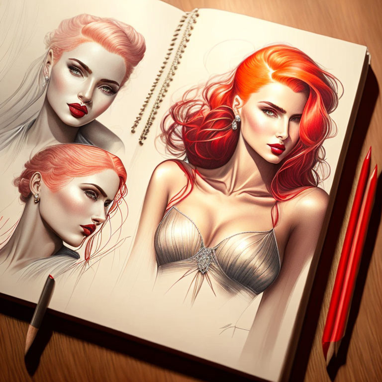 Realistic Red-Haired Woman Sketchbook with Spiral Binding