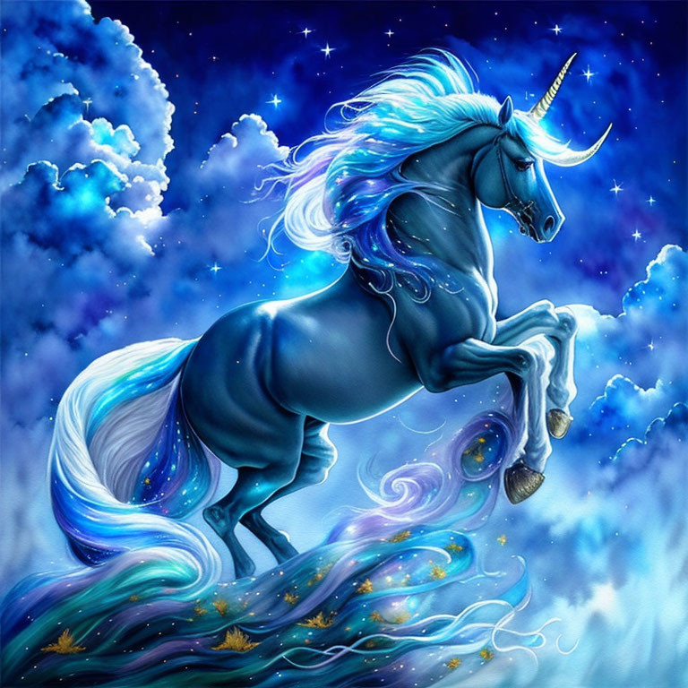 Majestic unicorn with blue and white mane in starry night sky