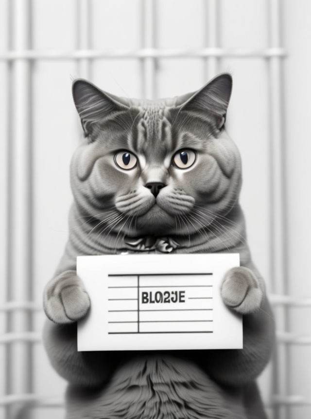 Gray Cat with Expressive Eyes Holding Mugshot Sign Behind Cage Bars