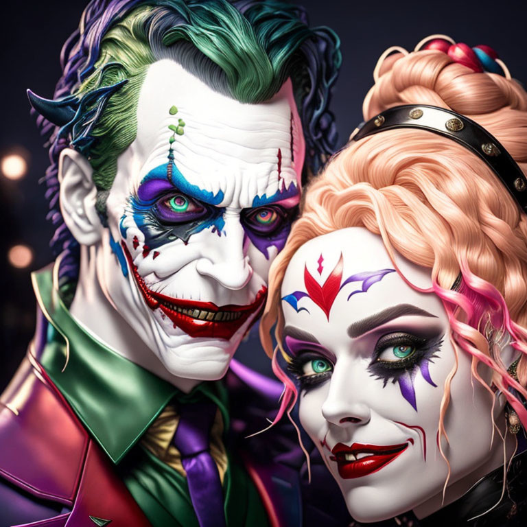 Vibrant Joker and Harley Quinn makeup with detailed face paint and colorful costumes