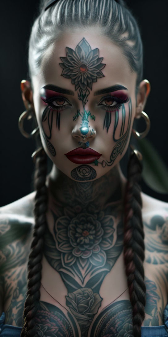 Woman with facial tattoos and septum piercing with braided hair.