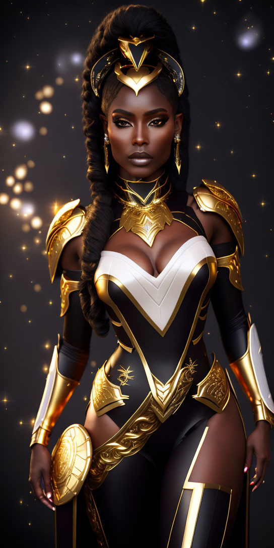 Female warrior in gold and black armor against starry backdrop