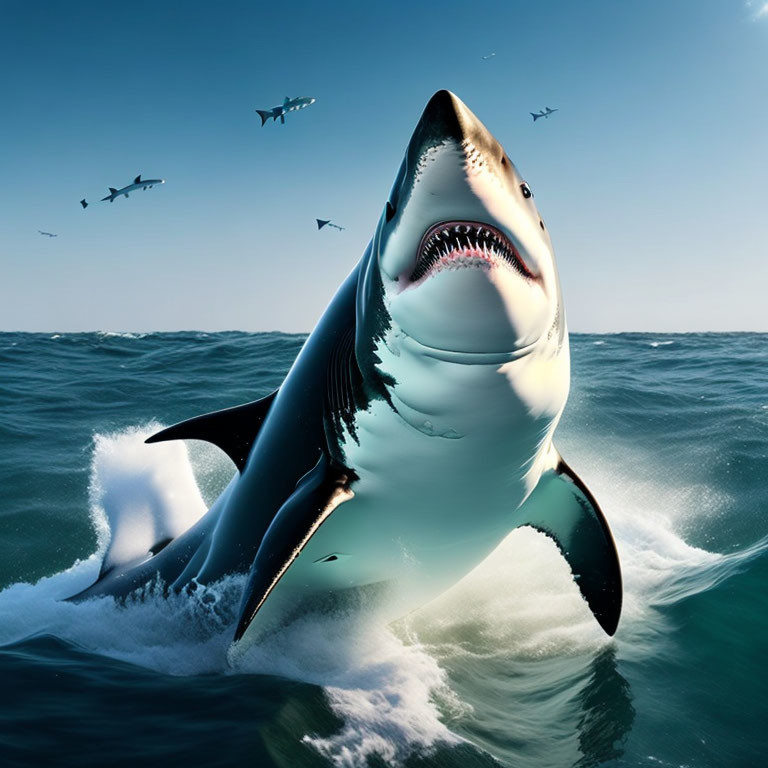 Great White Shark Breaching Ocean Surface with Open Mouth