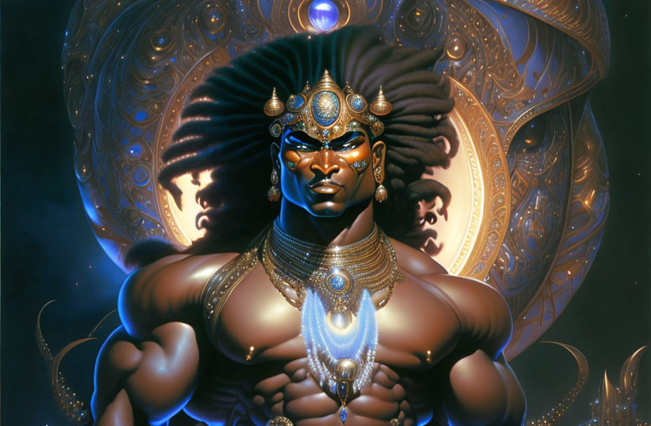 Muscular regal figure with golden jewelry in cosmic setting