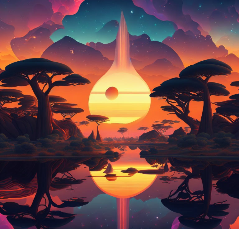 Vibrant surreal landscape with stylized trees and teardrop-shaped structure