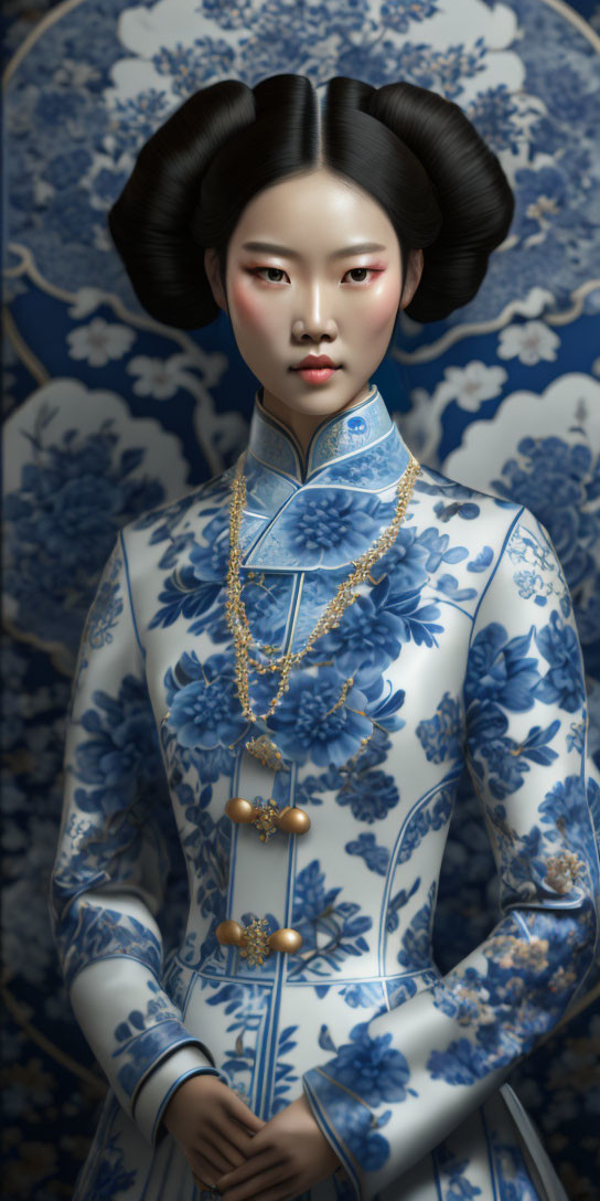 Traditional Chinese dress woman in blue and white with floral patterns and gold jewelry on matching backdrop