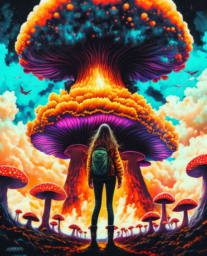 Vividly colored mushroom cloud with oversized fungi and birds in surreal sky