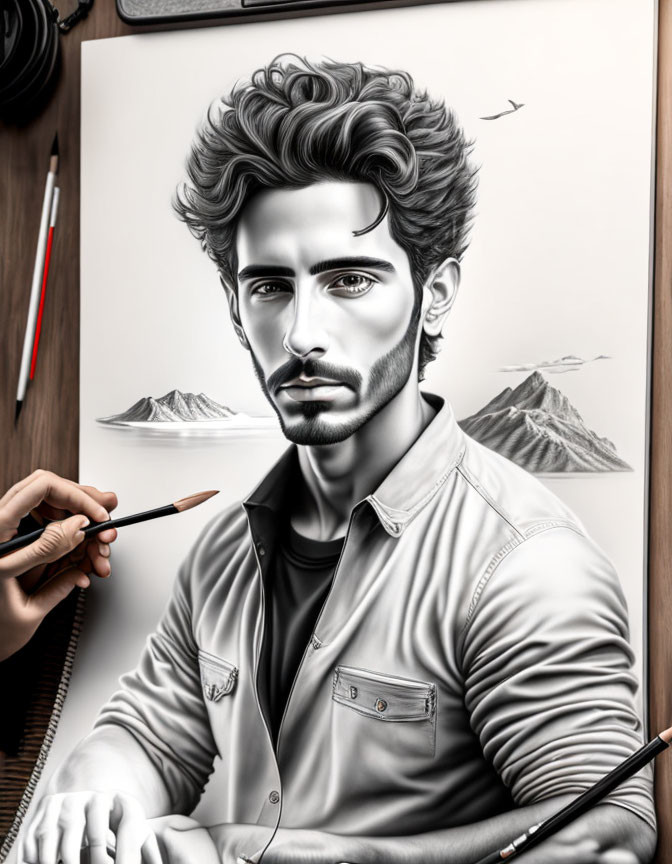 Detailed hyper-realistic drawing of a man with mountains in the background.