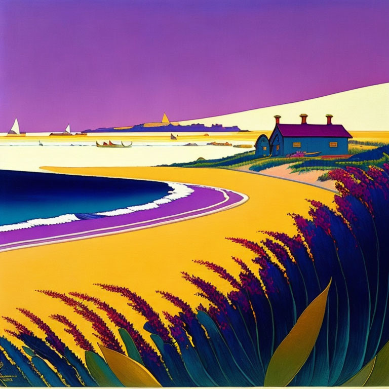 Colorful landscape with red house, lavender fields, beach, pyramids, and bright sky