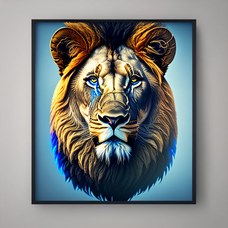 Colorful Lion Portrait with Vibrant Blue and Orange Mane