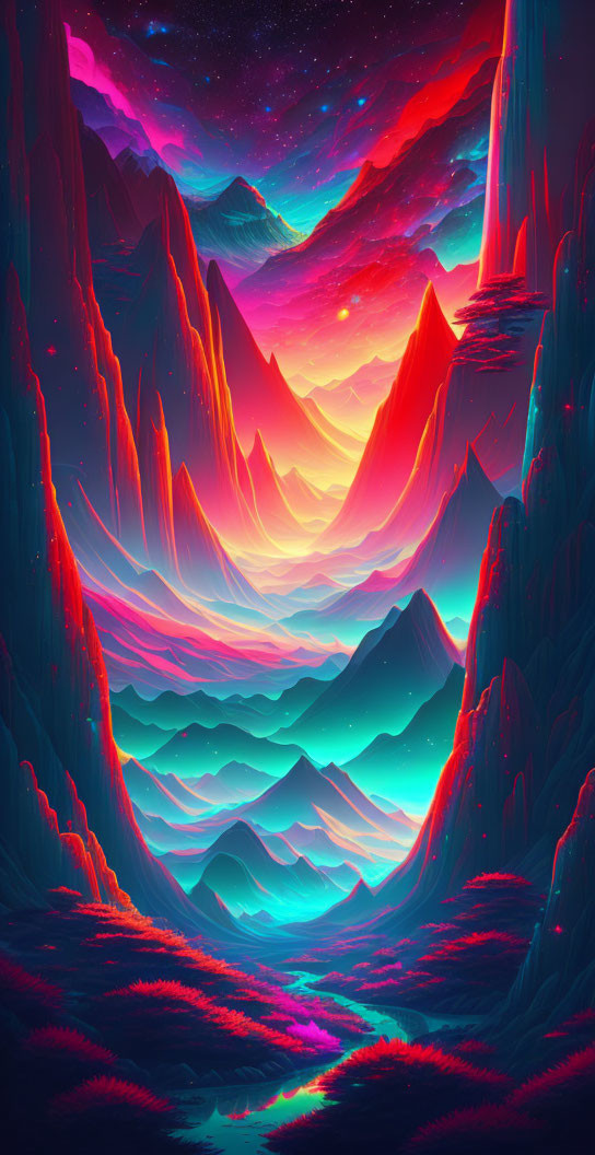 Fantastical mountain landscape with neon colors and starry sky