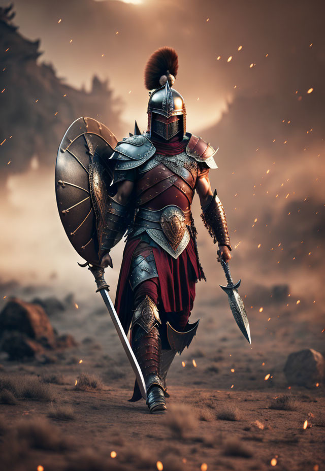 Armored warrior with shield and sword in hazy battleground