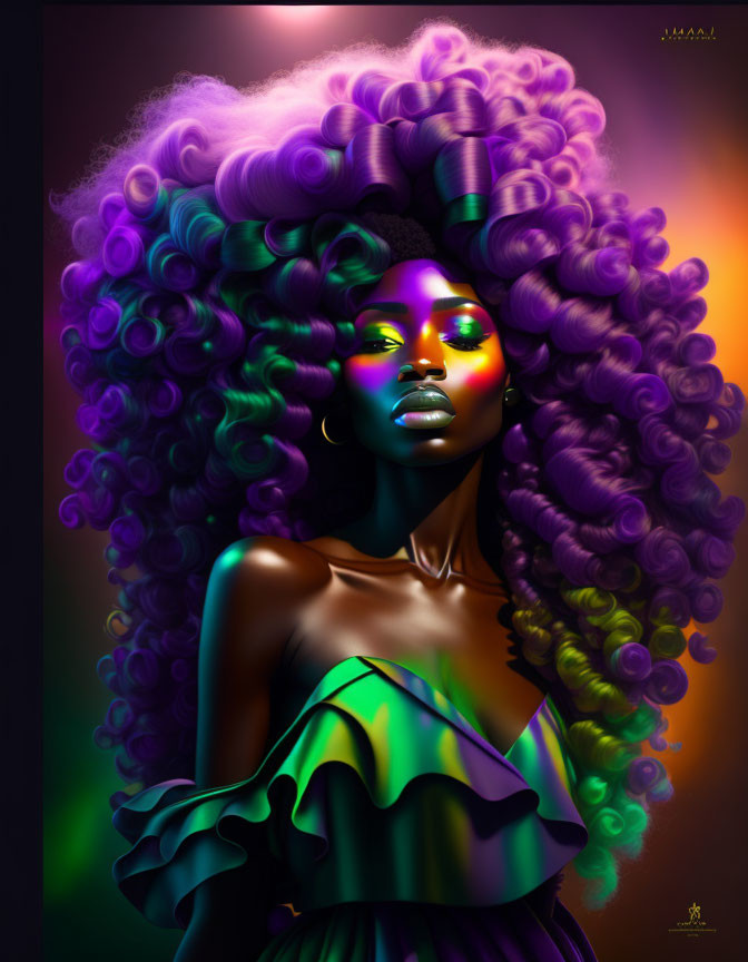 Vibrant digital portrait of woman with curly hair in purple and green hues