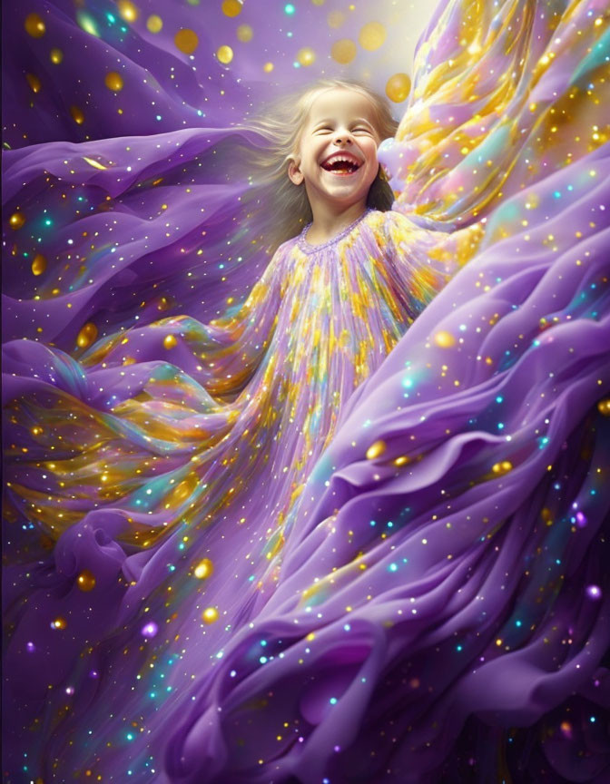 Smiling child in colorful celestial robe with stars and orbs