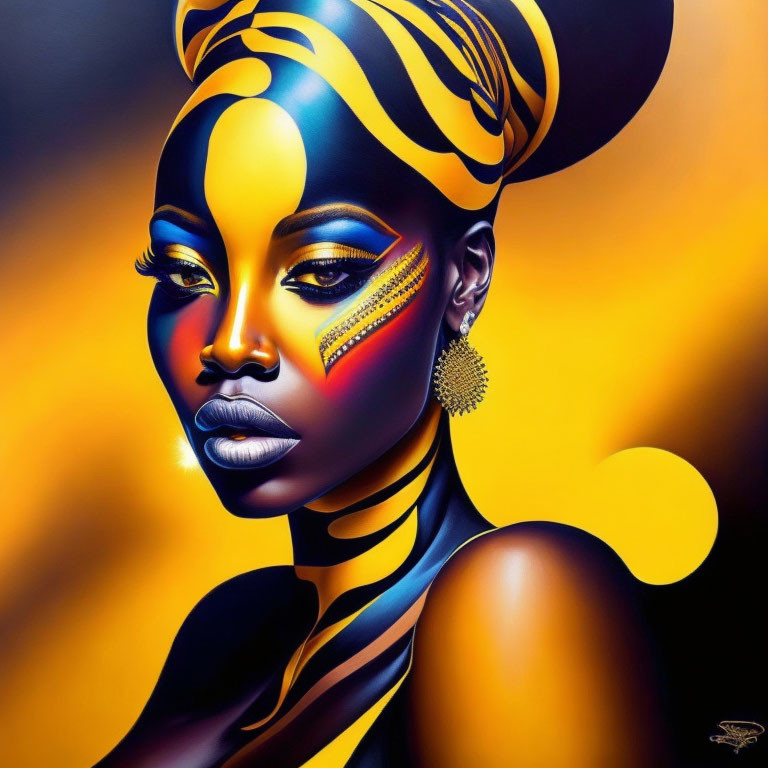 Vivid painting of woman with dark skin and golden highlights wearing headscarf and bold makeup