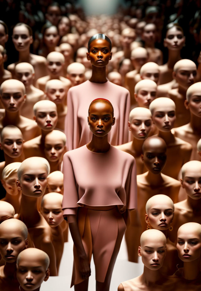 Focused woman in crowd of mannequins under contrasted lighting