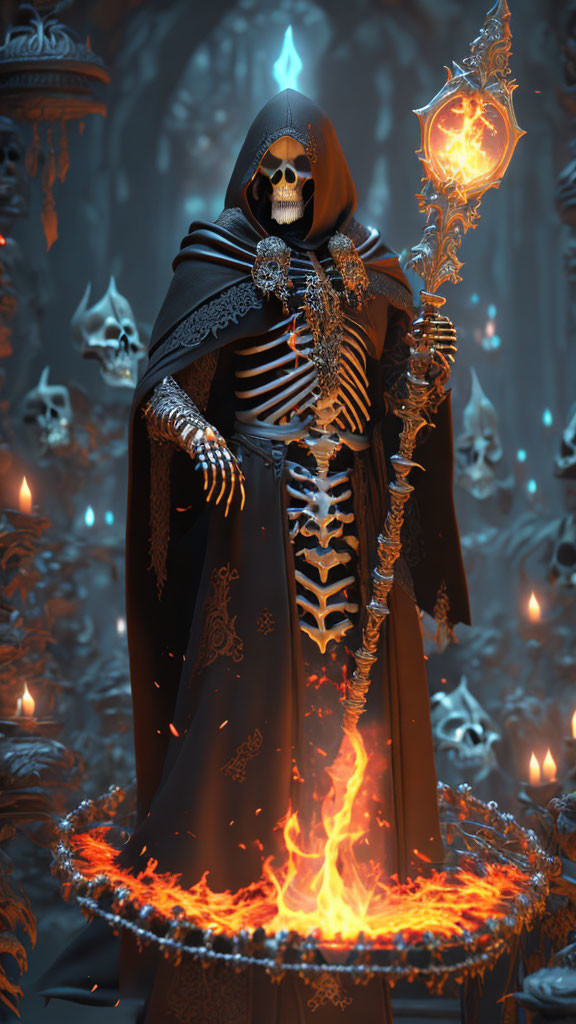 Skeleton figure with flaming staff in eerie setting