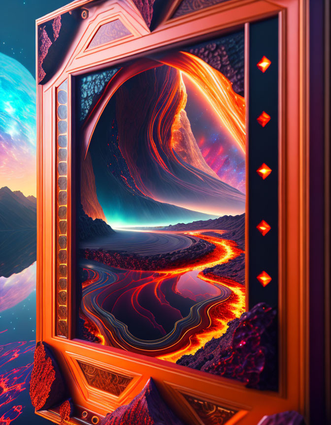 Surreal framed portal with fantastical landscape and flowing lava river