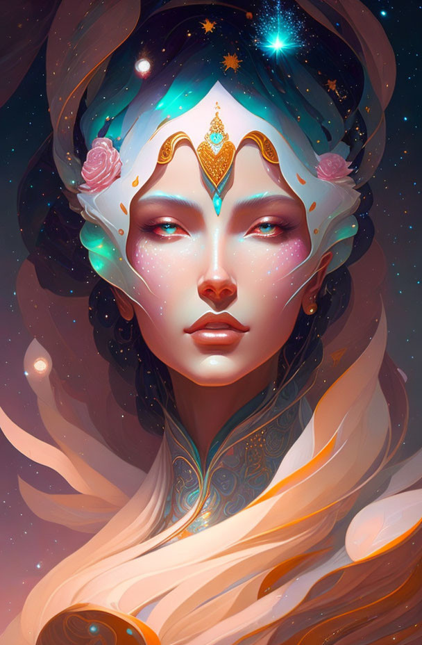 Ethereal female figure with starry complexion and golden headpieces.