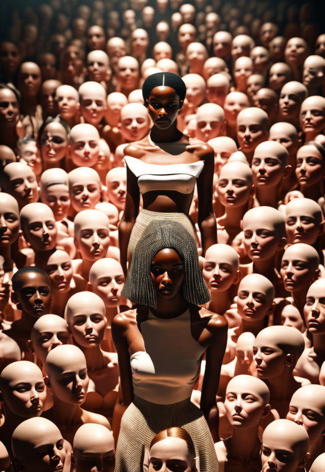 Confident woman in crowd of mannequins under warm light