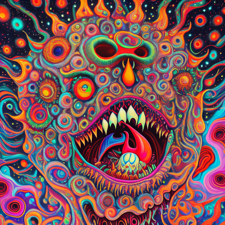 Colorful Psychedelic Monster Mouth with Swirling Patterns