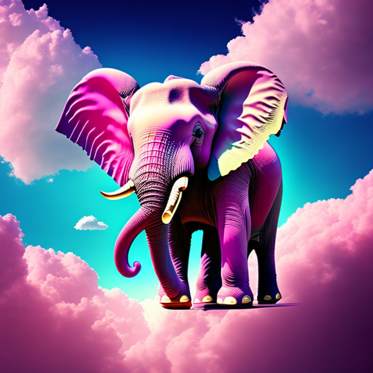 Colorful Digital Artwork: Purple Elephant in Pink and Blue Sky