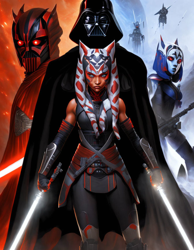 Star Wars characters poster with Darth Vader, Sith Lord, masked warrior, and female figure