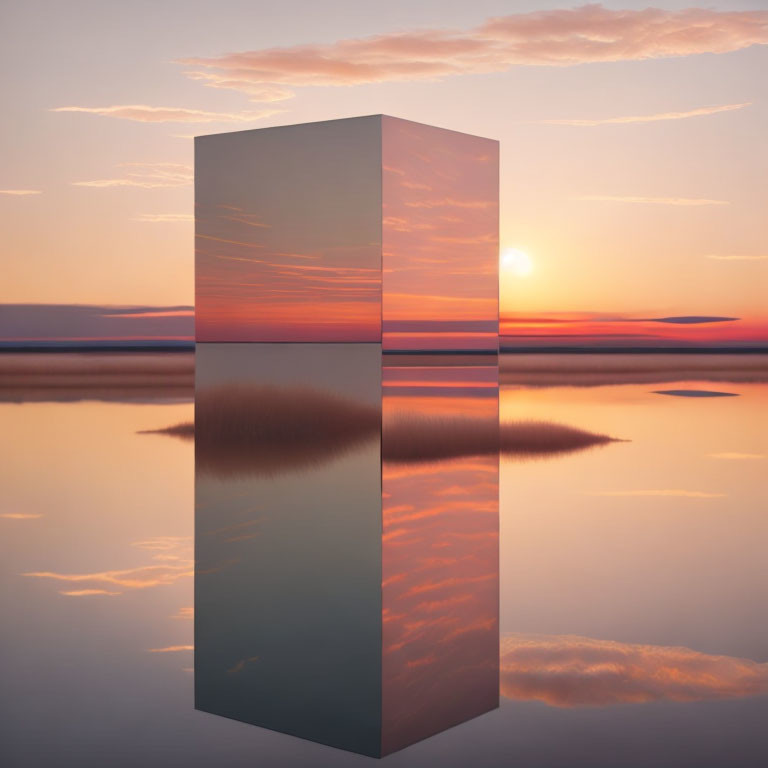 Reflective Monolith in Tranquil Water at Sunset