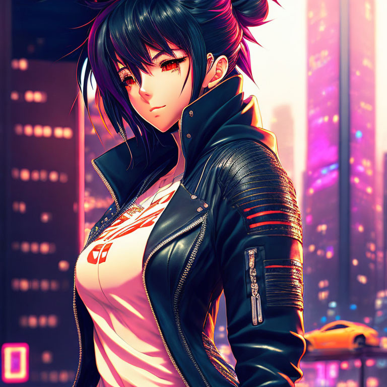 Stylized female anime character in black jacket and white shirt in neon-lit cityscape