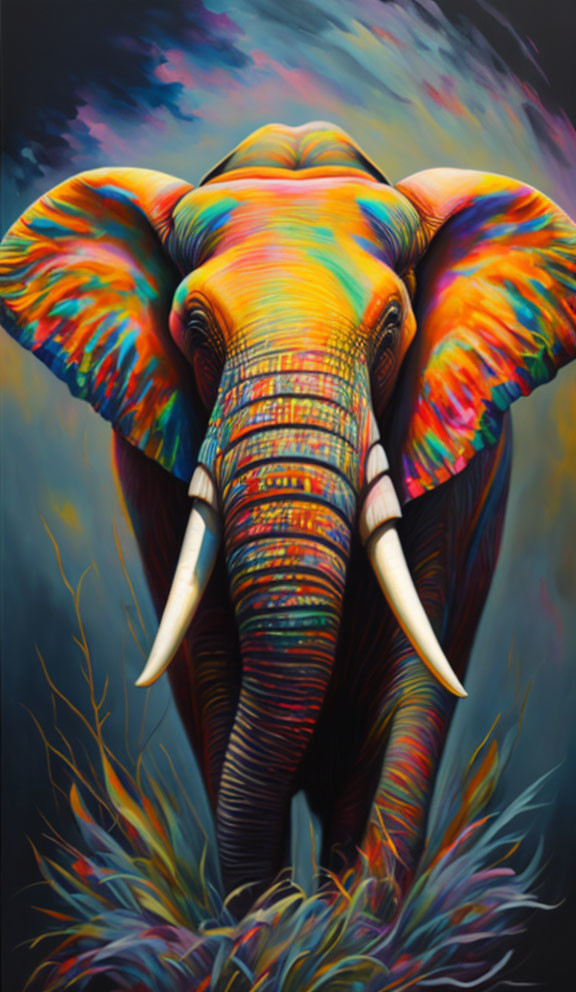 Colorful Elephant Painting with Psychedelic Pattern on Dark Background