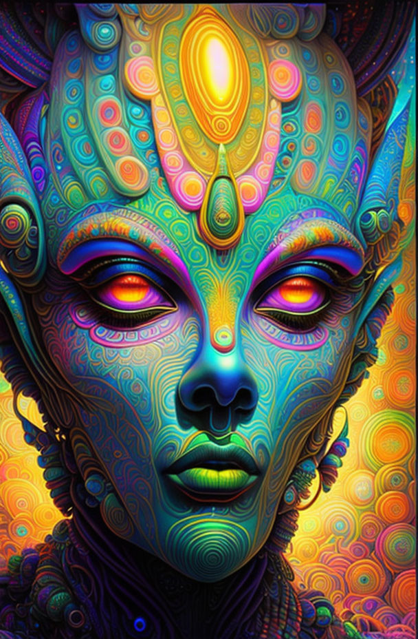 Colorful digital art portrait of an otherworldly being with vibrant skin and red eyes