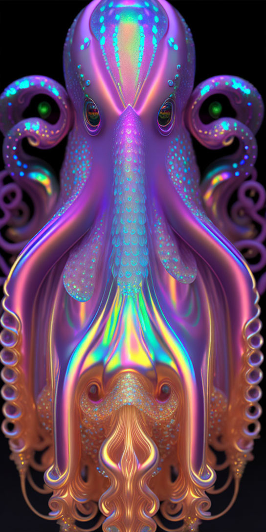 Iridescent octopus with glowing spots on dark background