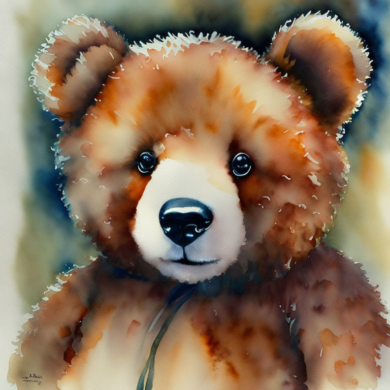 Soft brown teddy bear watercolor painting with black eyes and gentle smile