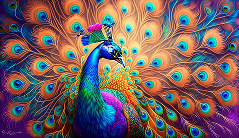 Colorful peacock artwork with fanned tail feathers in blues, greens, and purples