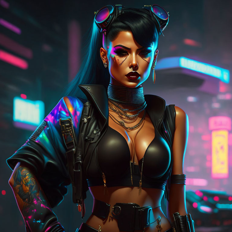 Futuristic cyberpunk female character with blue hair and neon lights